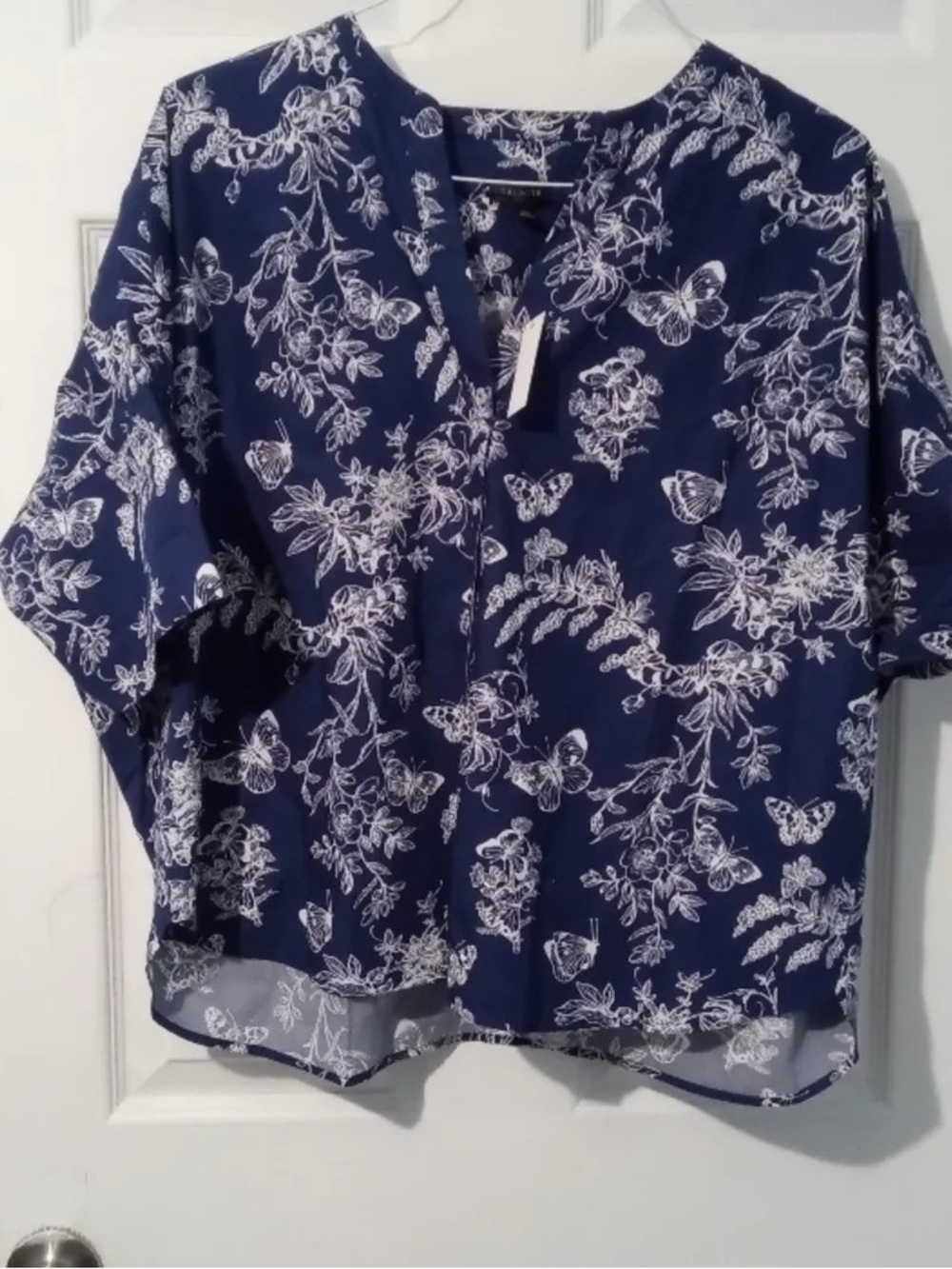 Talbots Navy and White Floral Button-Front Blouse